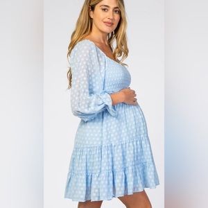 PinkBlush chiffon polka dot smocked long sleeve maternity dress nwot